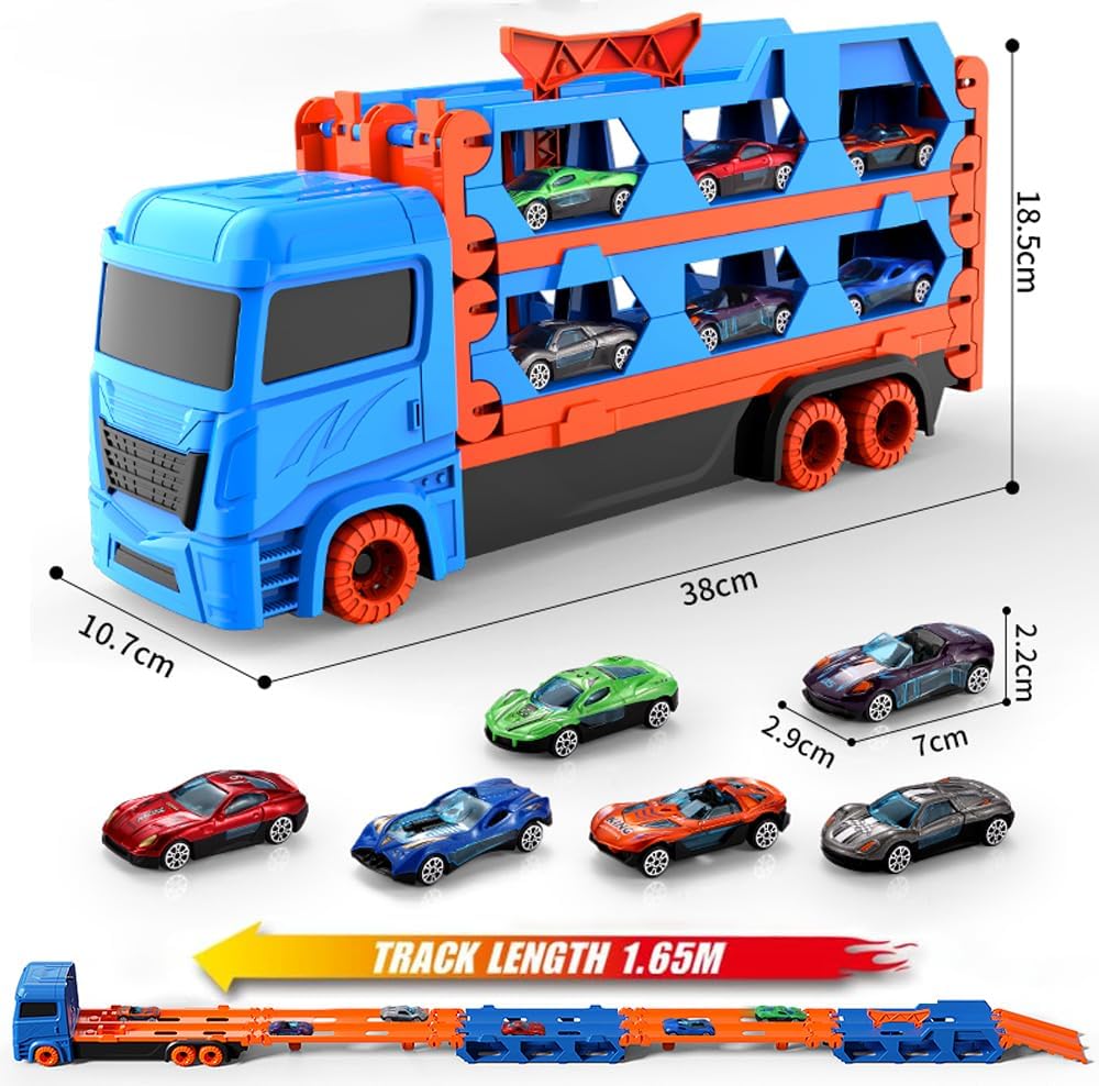 Toddler Boy Toys for 2 3 4 5 6 Years Old Boy Gifts: 65 Inches Race Track for Boys Kids Die-Cast Transport Truck Car Toy, Toddler Car Toys Set for Kids Boys