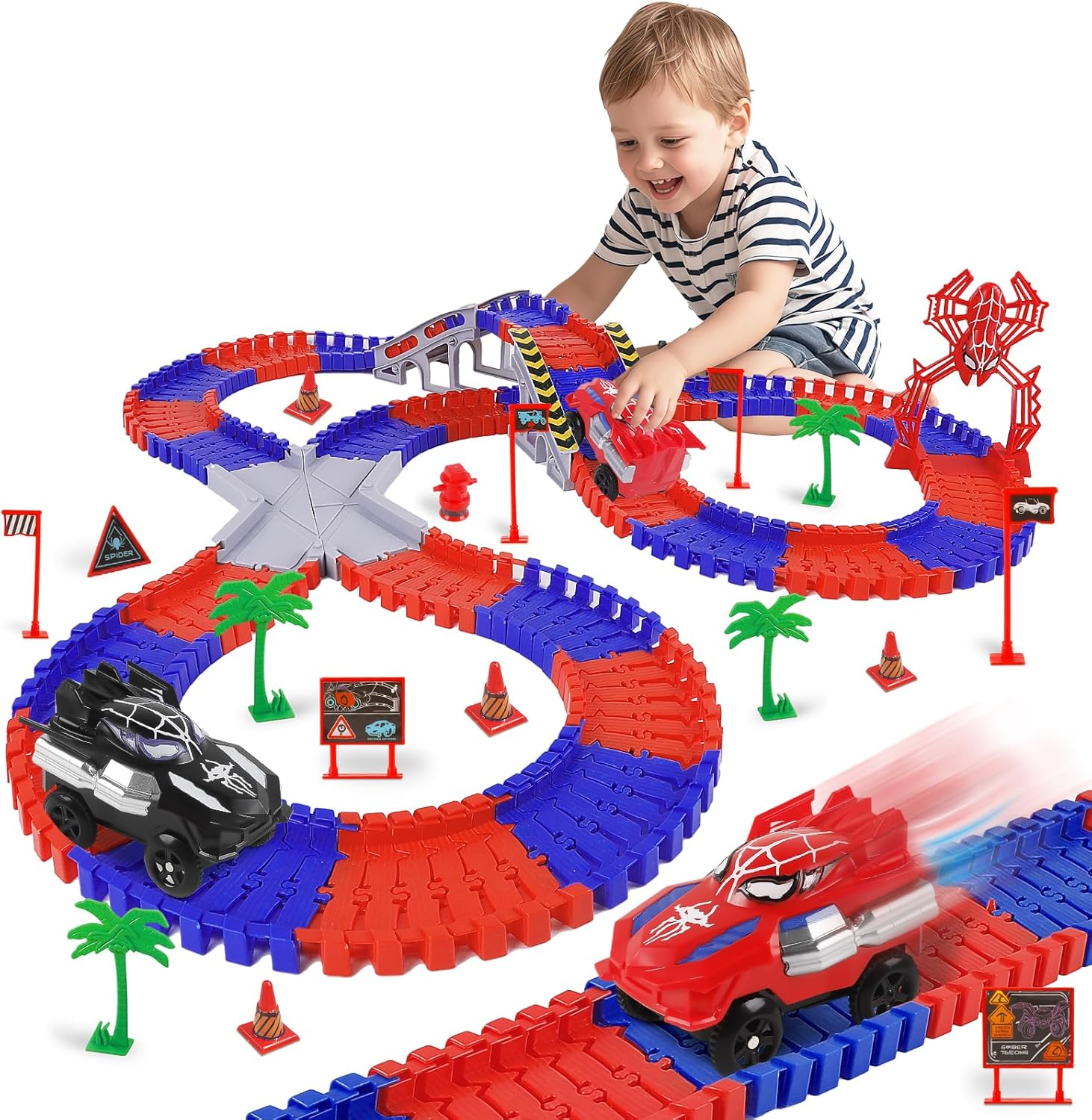 Spider Toys for Boys 4-6, 212 PCS Race Car Track for Kids Ages 4-8, Monster Truck 2+ Year Old Birthday Gift Toddler Cars Toy for 3+ Year Old Boy Girl