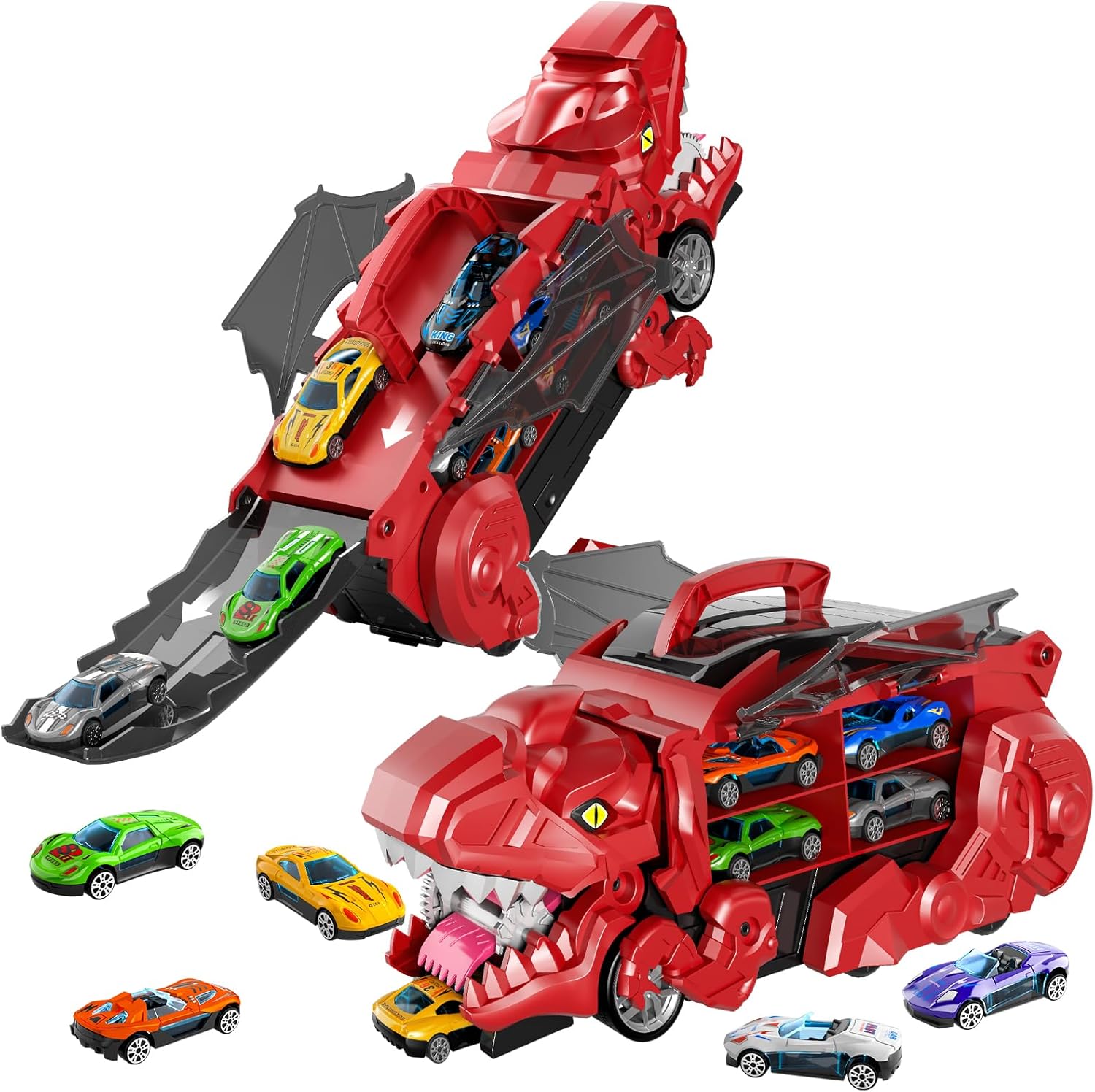 Toddler Truck Toys for 3 4 5 6 Years Old Boys, Toys Cars Track Set Dinosaur Transporter Truck with 10 Die-Cast Car Toys, Transforms into Dino, Toddler Car Toys Set for Kids Boys Girls