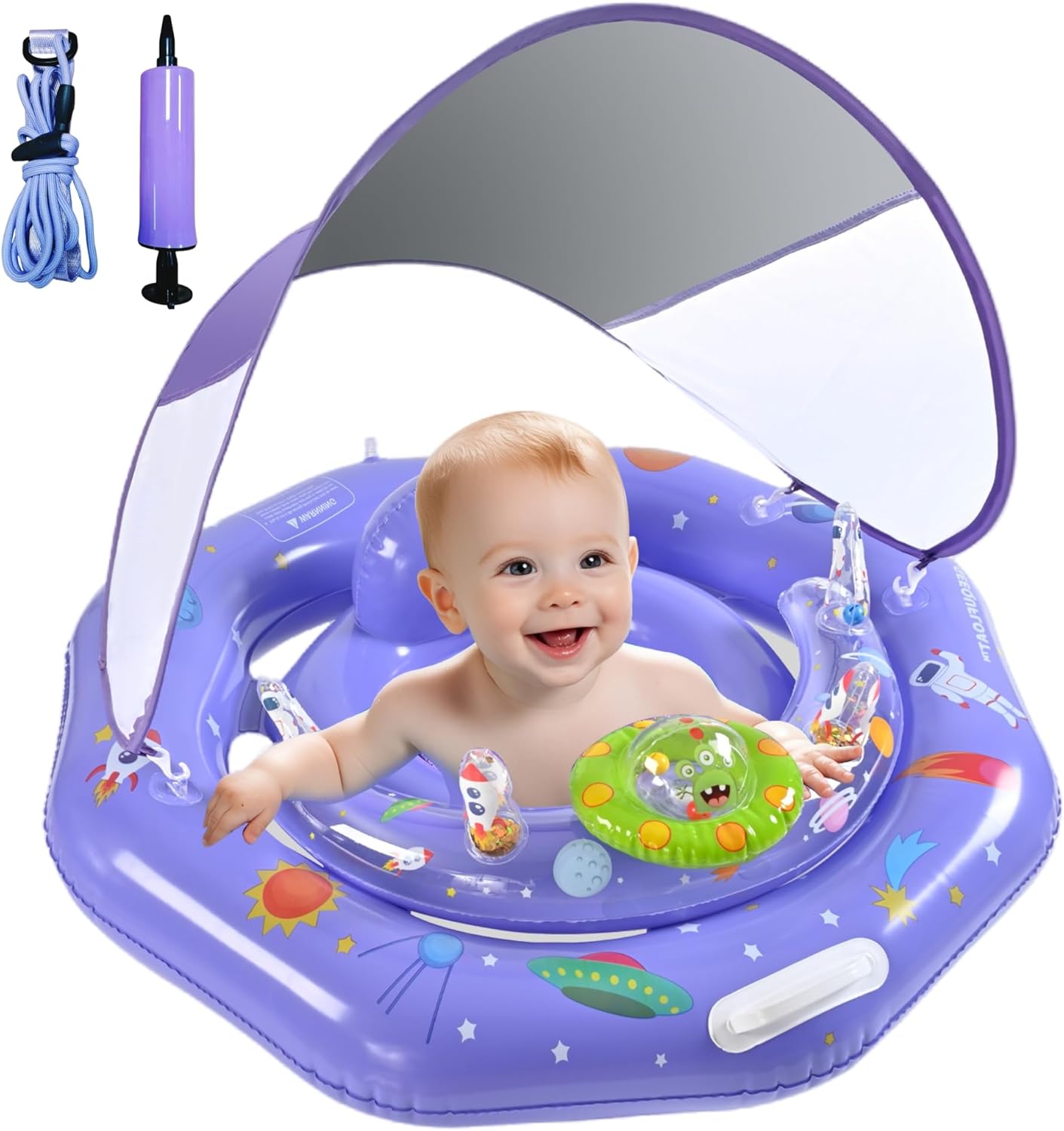 Baby Pool Float for 6-36 Months Extra Wide Infant Pool Float with UPF50+ Sunshade & Toy Play Console Baby Floatie with Adjustable Safety Seat, Detachable Canopy, Safty Handle & Safty Ropes (Purple)