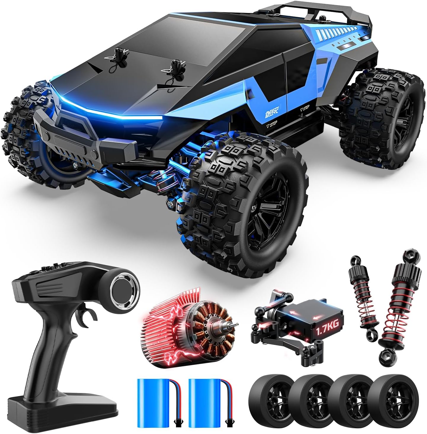 DEERC 1/18 All Terrain Fast Drift & Racing RC Car, 40KM/H Remote Control Truck with Futuristic Body Shell, Extra Drift Wheels, 2.4GHz Waterproof Off-Road Vehicle with 2 Batteries for Kids & Adults