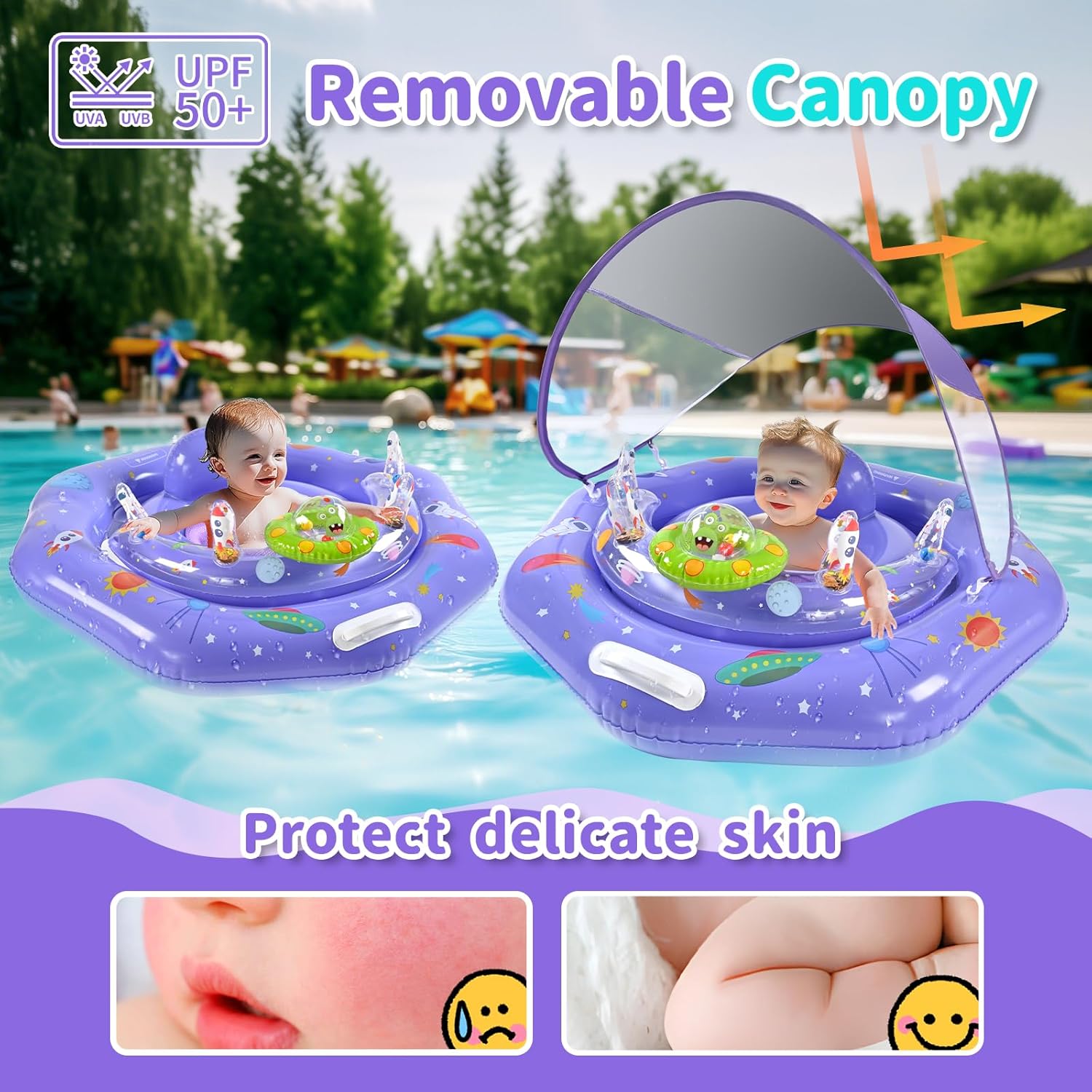 Baby Pool Float for 6-36 Months Extra Wide Infant Pool Float with UPF50+ Sunshade & Toy Play Console Baby Floatie with Adjustable Safety Seat, Detachable Canopy, Safty Handle & Safty Ropes (Purple)