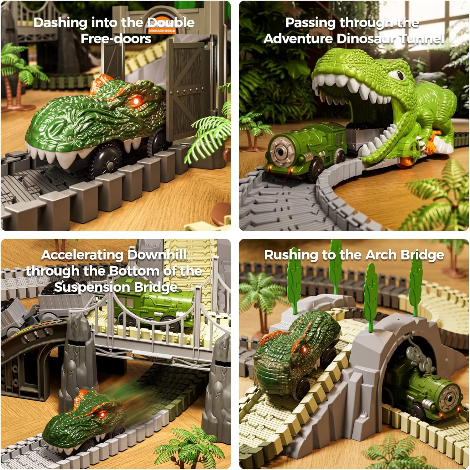 TUMAMA Dinosaur Toys Race Track, 281 Pcs Dinosaur Train Toys for Kids 3-5 5-7, Flexible Train Tracks with 4 Dinosaurs Figures, 2 Electric Race Cars with Light, Create A Dinosaur Road Race for Toddlers