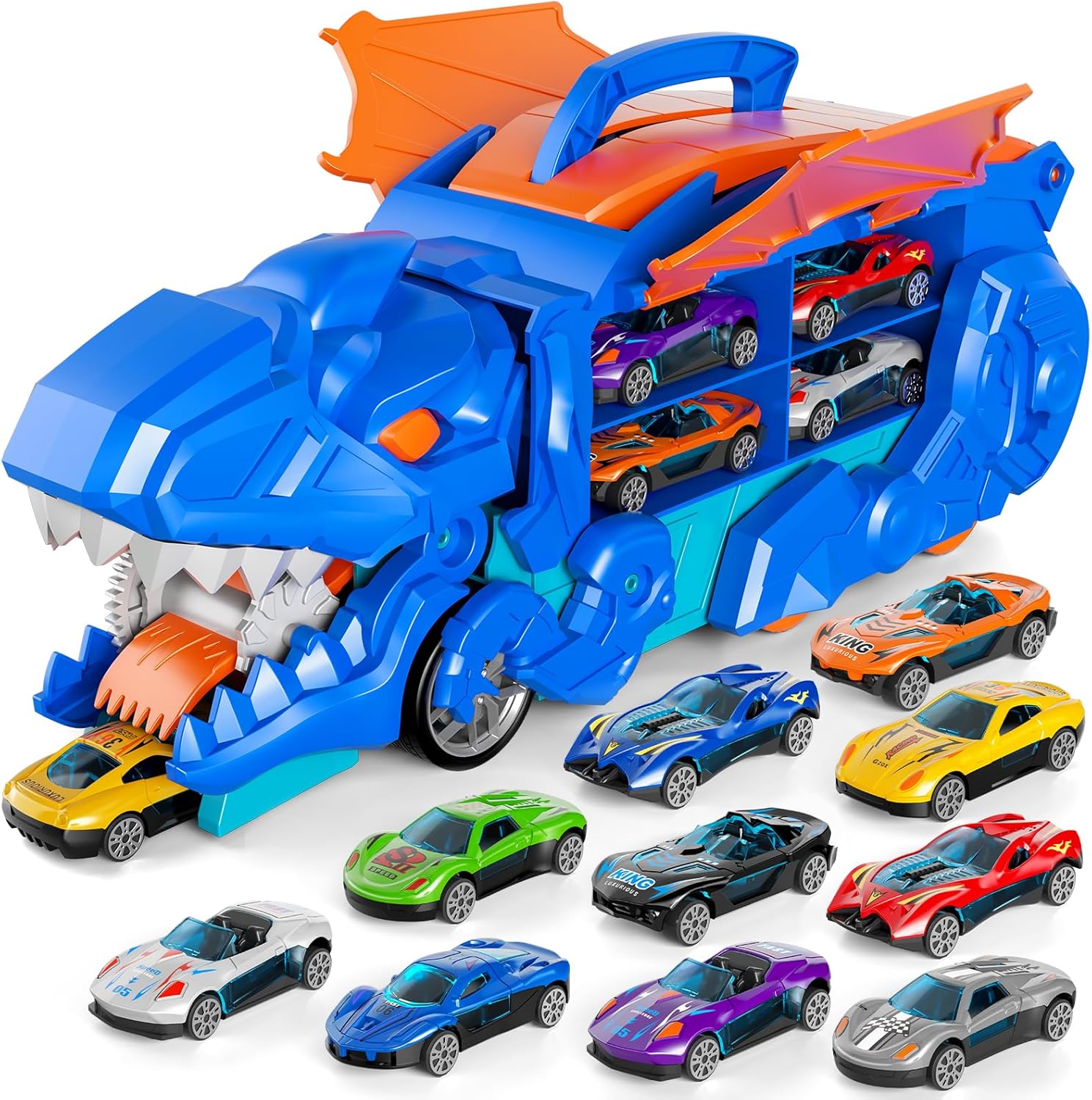 Toddler Dinosaur Truck Toys for 3 4 5 6 Years Old Boys, Cars Track Set Dinosaur Transporter Truck with 10 Die-Cast Cars, Transforms into Dino, Toddler Toys Set for Kids Boys Girls