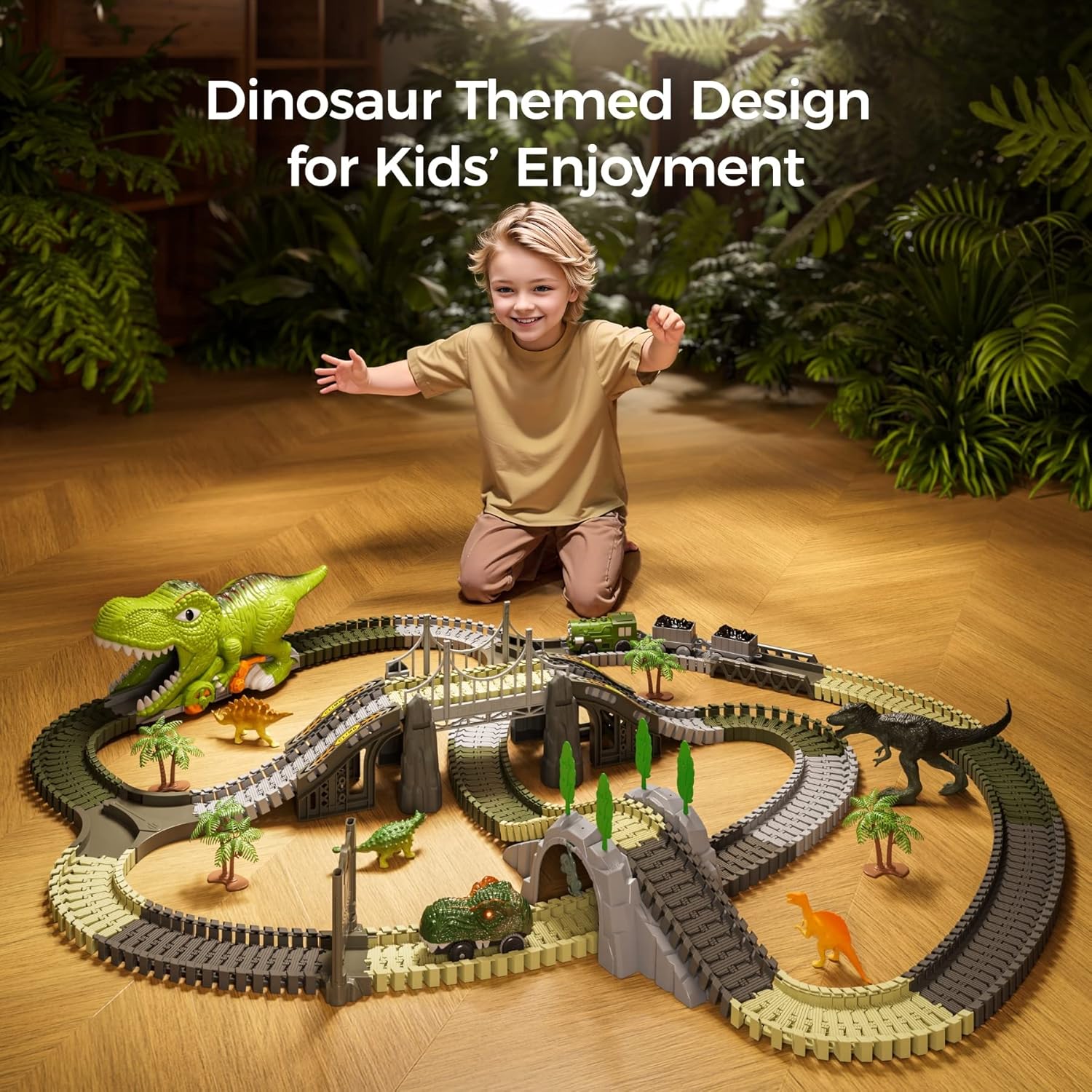 TUMAMA Dinosaur Toys Race Track, 281 Pcs Dinosaur Train Toys for Kids 3-5 5-7, Flexible Train Tracks with 4 Dinosaurs Figures, 2 Electric Race Cars with Light, Create A Dinosaur Road Race for Toddlers