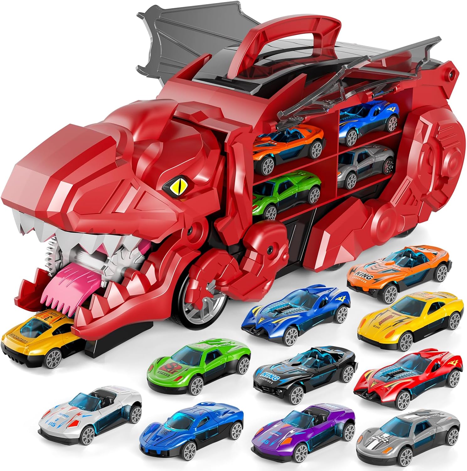 Toddler Truck Toys for 3 4 5 6 Years Old Boys, Toys Cars Track Set Dinosaur Transporter Truck with 10 Die-Cast Car Toys, Transforms into Dino, Toddler Car Toys Set for Kids Boys Girls