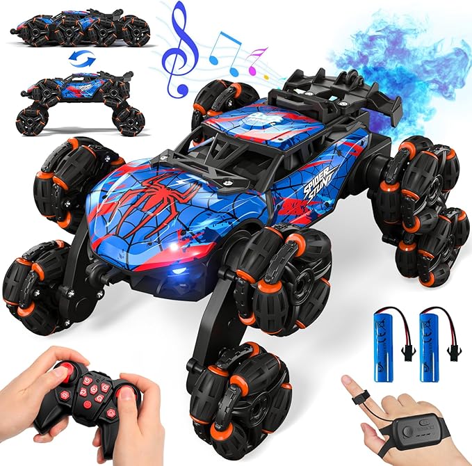 8WD Gesture Sensing RC Stunt Car with Spray & Light & Music for Kids Age 6-8-13, Spider Hand Remote Control Car 2.4Ghz Double-Sided Climbing Drift RC Car Toys Birthday Gift for Boys