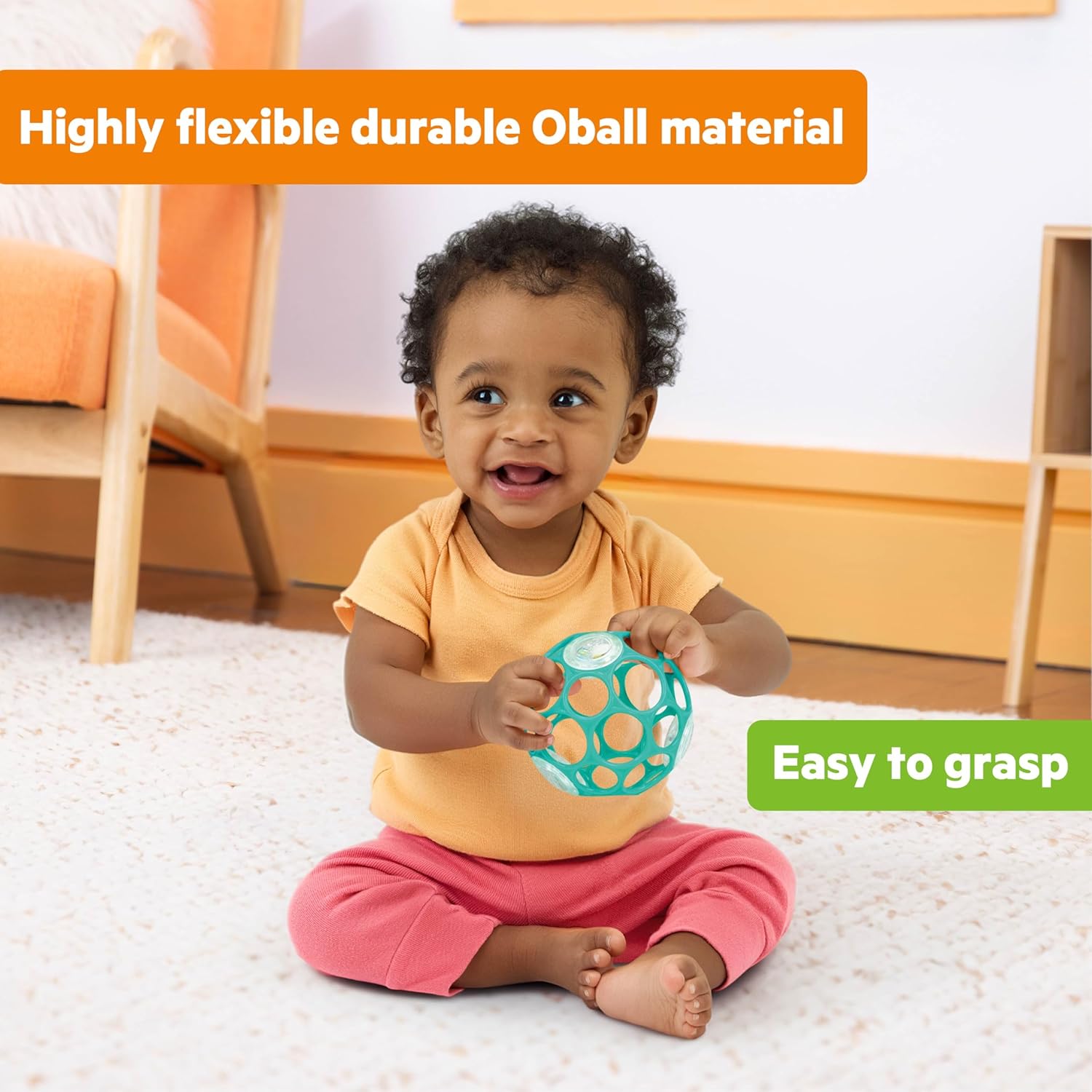 Bright Starts Oball Easy-Grasp Baby Rattle Ball in Teal, Ages Newborn and Up, Unisex, 4 Inches