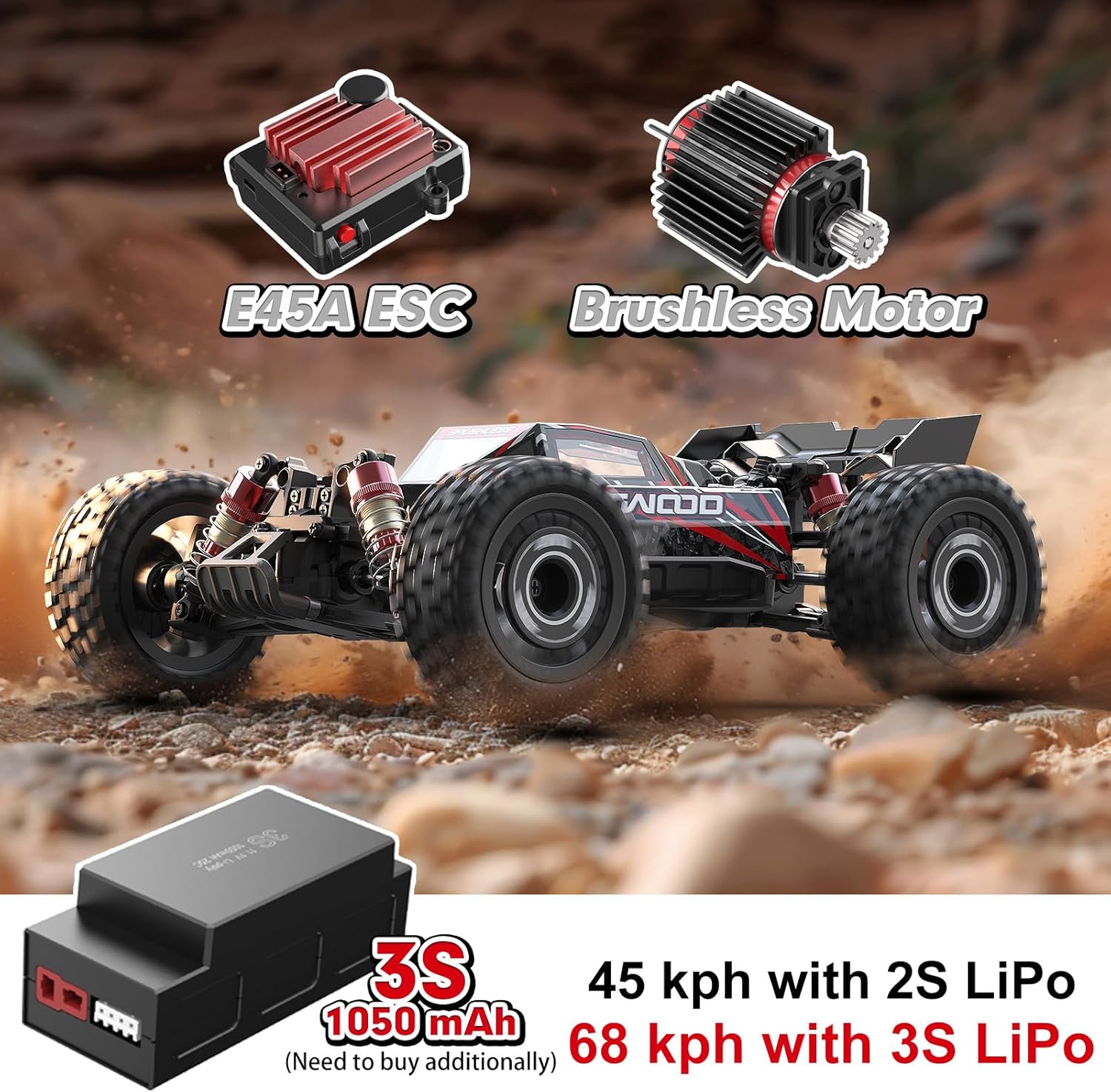 Jetwood x Hyper Go 1:16 Brushless RC Car for Adults, Max 68km/h, Fast Remote Control Car for Adult Racing, Hobby Grade Electric Remote Control Truck with 2 Batteries & DIY Shell, JC16EP Red
