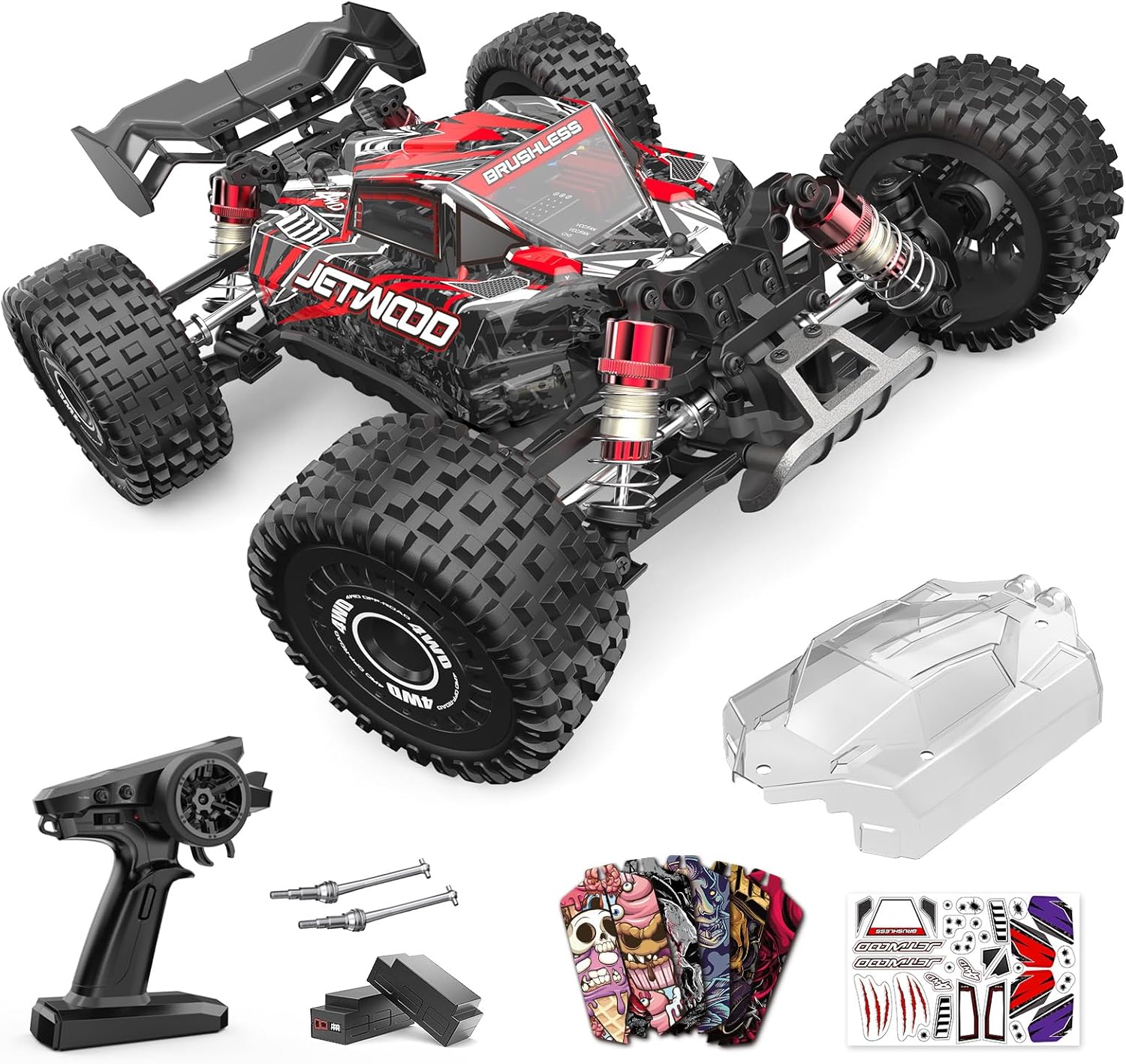 Jetwood x Hyper Go 1:16 Brushless RC Car for Adults, Max 68km/h, Fast Remote Control Car for Adult Racing, Hobby Grade Electric Remote Control Truck with 2 Batteries & DIY Shell, JC16EP Red