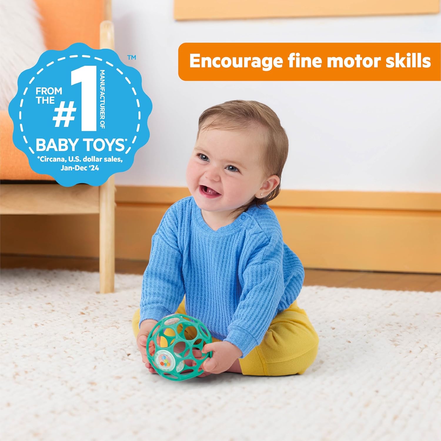 Bright Starts Oball Easy-Grasp Baby Rattle Ball in Teal, Ages Newborn and Up, Unisex, 4 Inches