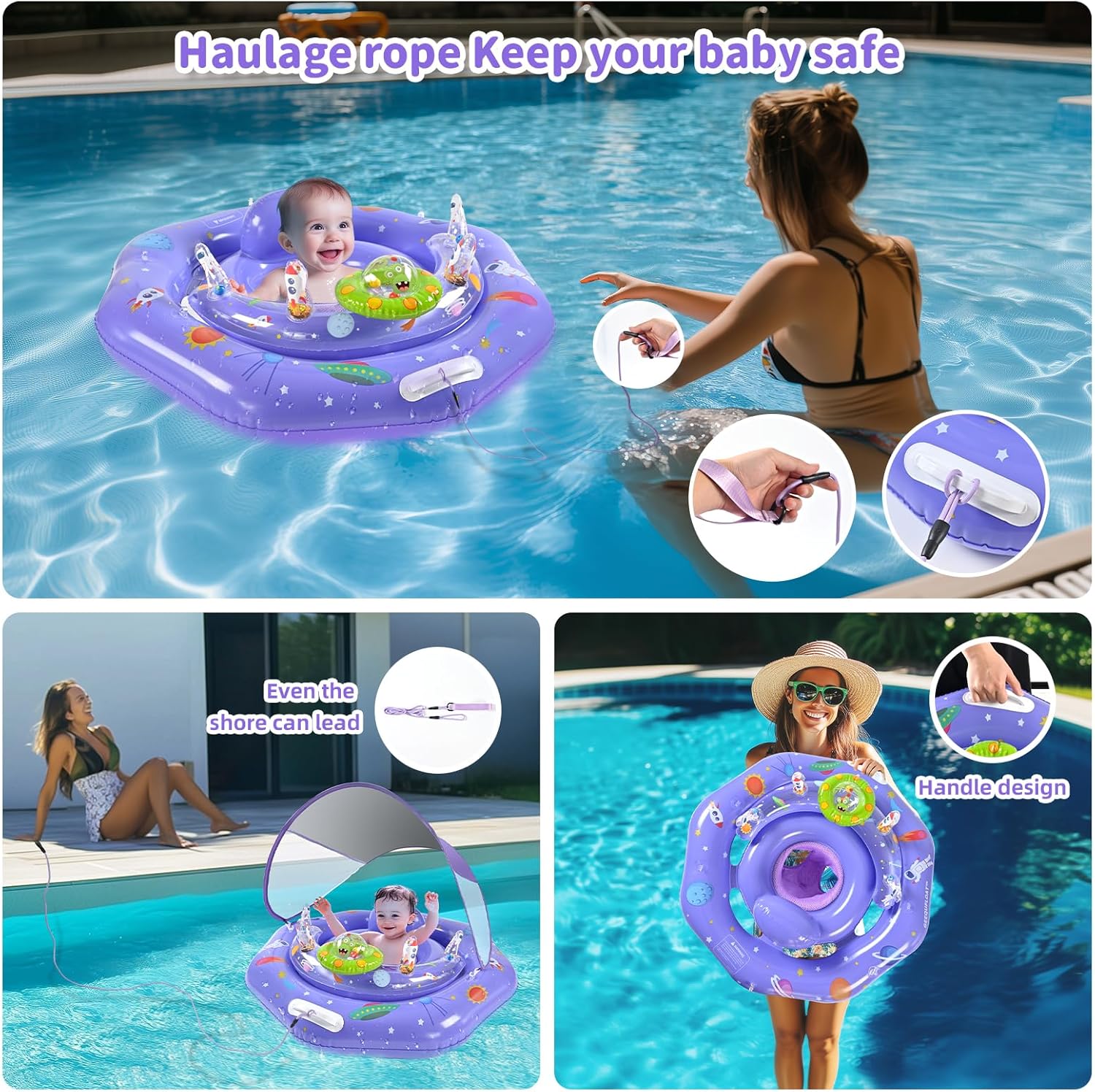Baby Pool Float for 6-36 Months Extra Wide Infant Pool Float with UPF50+ Sunshade & Toy Play Console Baby Floatie with Adjustable Safety Seat, Detachable Canopy, Safty Handle & Safty Ropes (Purple)