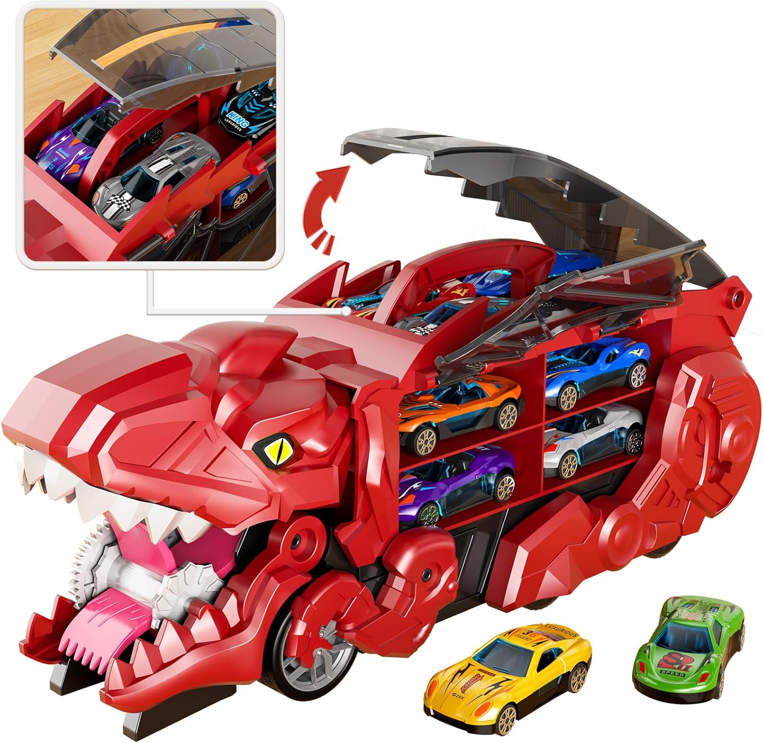 Toddler Truck Toys for 3 4 5 6 Years Old Boys, Toys Cars Track Set Dinosaur Transporter Truck with 10 Die-Cast Car Toys, Transforms into Dino, Toddler Car Toys Set for Kids Boys Girls