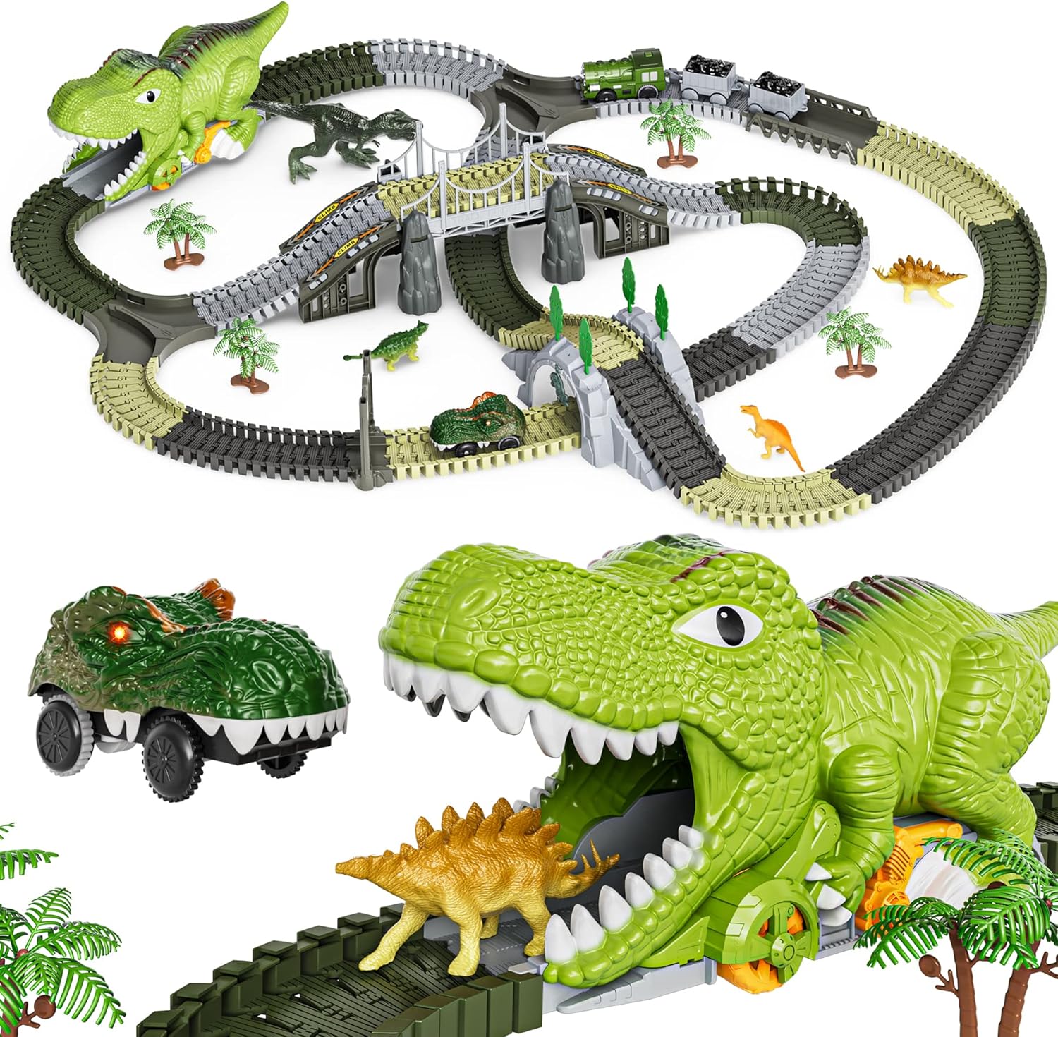 TUMAMA Dinosaur Toys Race Track, 281 Pcs Dinosaur Train Toys for Kids 3-5 5-7, Flexible Train Tracks with 4 Dinosaurs Figures, 2 Electric Race Cars with Light, Create A Dinosaur Road Race for Toddlers