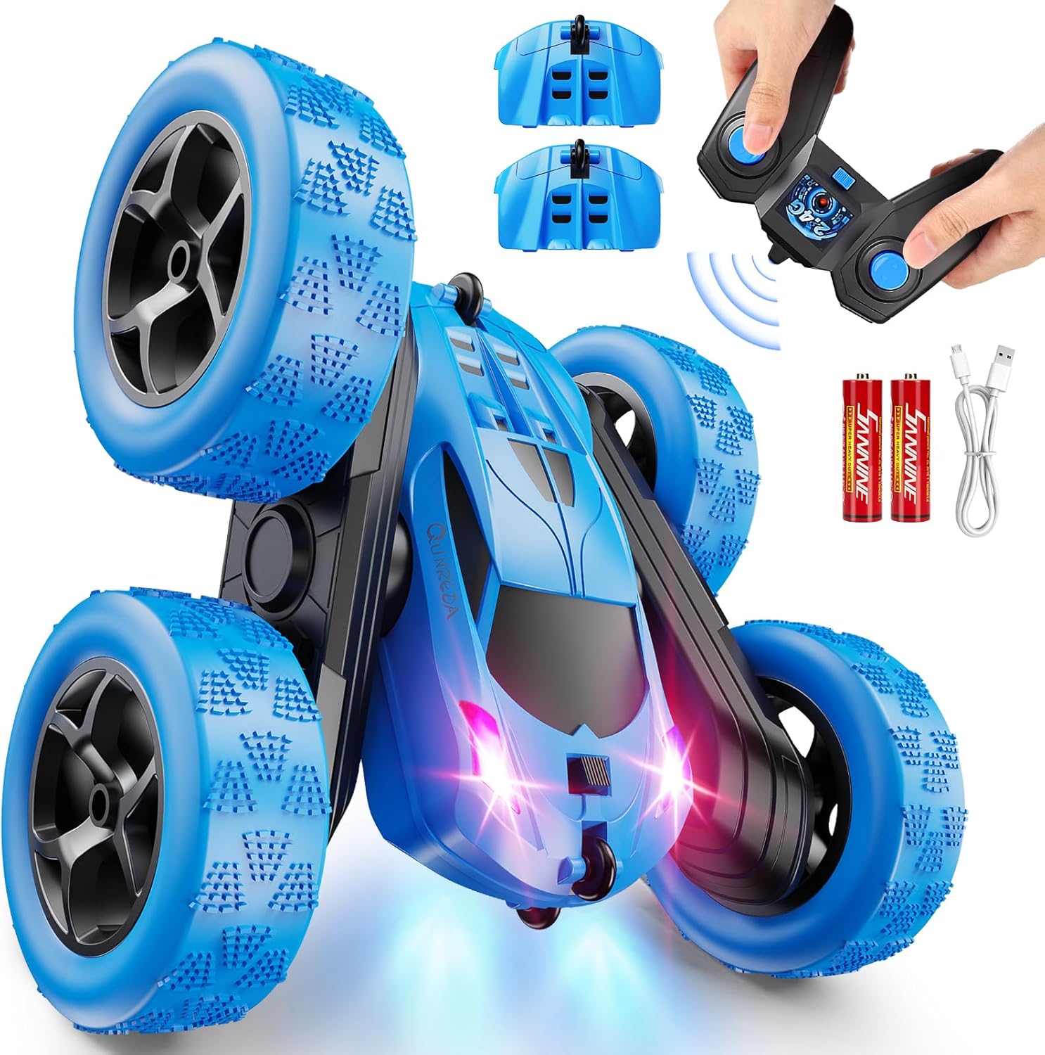 QUNREDA Remote Control Car for Kids Ages 6+, RC Cars Stunt Car Toy 4WD Double Sided 360° Rotating Remote Control with Headlights, Birthday Xmas Gifts for Boys 6 7 8 9 10 11 12 1-Blue